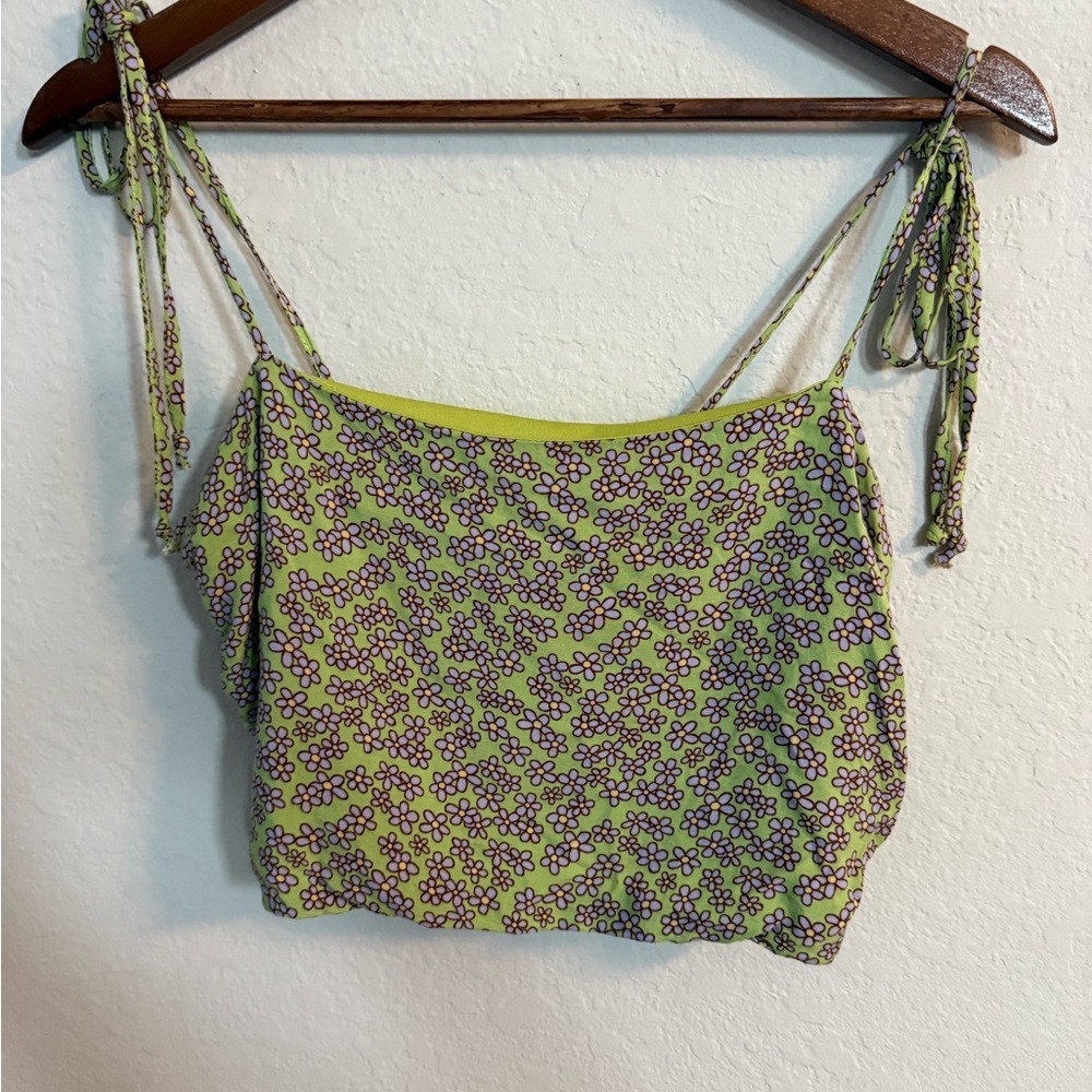 LA Hearts by PacSun Lime Green and Purple Floral Print CropTop with Tie Shoulder